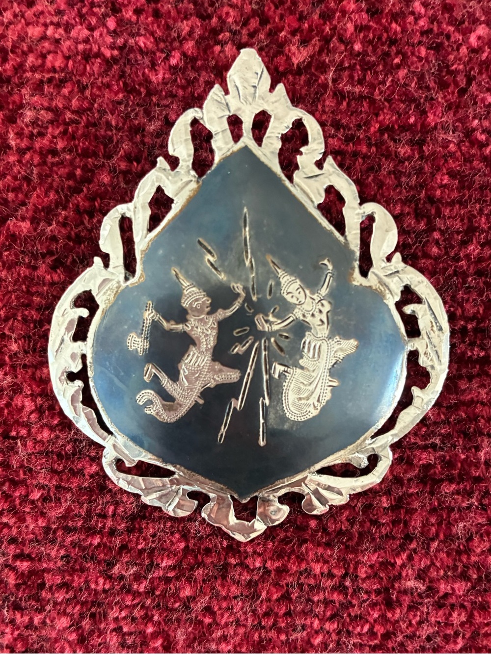 Vintage Siam Sterling Silver Nielloware Mekkala & Ramasoon Gods Brooch Pin